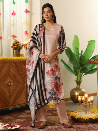 Peach Panel Print Chanderi Straight Kurta Set