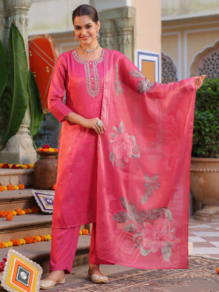 Women Floral Printed Regular Thread Work Pure Cotton Kurta with Trousers & With Dupatta