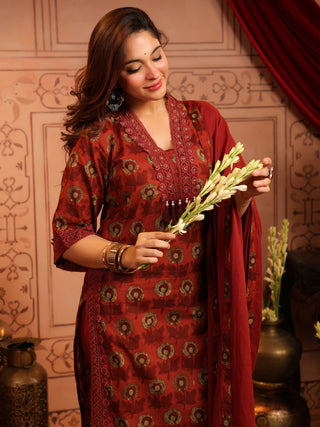 Rust Floral Print 3-Piece Straight Kurta Set