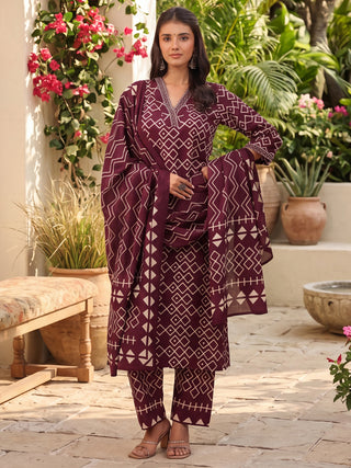 Wine Geometric Print Embroidered 3-Piece Straight Kurta Set