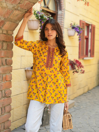 Women Mustard Ethnic Motifs Printed, Sequinned Pure Cotton Kurti