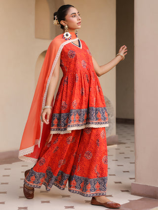Women Ethnic Motifs Printed Empire Pure Cotton Kurta with Sharara & With Dupatta
