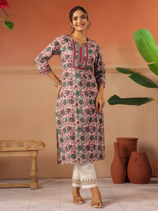 Green Floral Print Cotton Straight Kurta