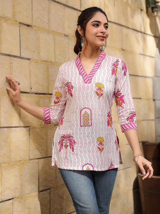 Women Pink & Off White Ethnic Motifs Printed Pure Cotton Kurti