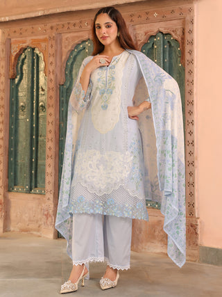 Blue Floral Embroidered Lace 3-Piece Straight Kurta Set