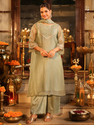 Dusty Blue Sequin Tissue A-Line Kurta Set with Pocket