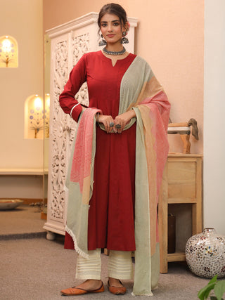 Red Solid Lace 3-Piece Kurta Set