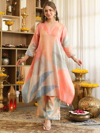 Peach and Pastel Blue Abstract Print Co-Ord Set