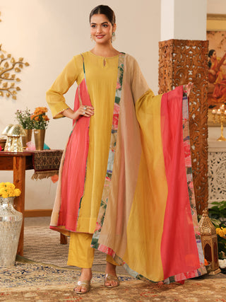 Yellow Beaded Chanderi Anarkali Kurta Set with Pocket