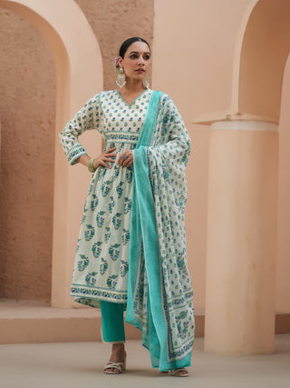 Women Teal Floral Printed Pure Cotton A-line Kurta With Solid Trouser And With Printed Dupatta