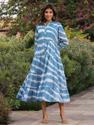 Women Blue Tie and Dye Pure Cotton Fit and Flared Midi Dress