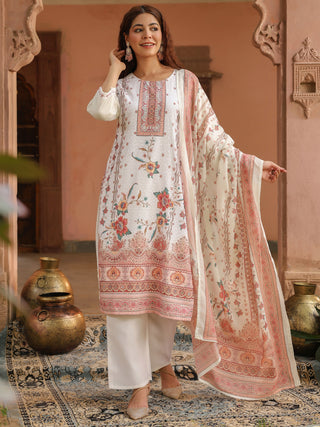 Peach Floral Print 3-Piece Straight Kurta Set