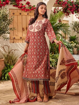 Maroon Printed Embroidered 3-Piece Kurta Set