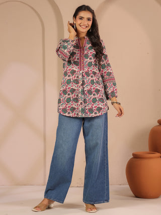 Green Floral Print Cotton Mandarin Collar Top