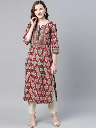 Women Burgundy Pure Cotton Printed A Line Kurta