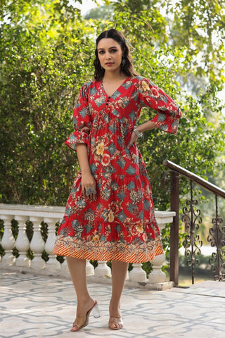 Women Red Ethnic Floral Printed Pure Cotton Knee Length A Line Midi Dress