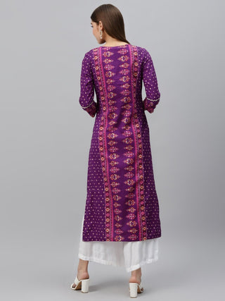 Women Purple & Pink Pure Cotton Screen Printed Straight Kurta