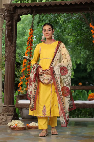 Women Yellow Embroidery Ethnic Motifs Printed Kurta Set