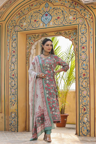 Women Red & Green Floral Printed Cotton Anarkali Kurta Set