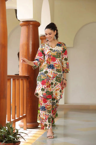 Printed Pure Cotton Round Neck Tunic With Trousers