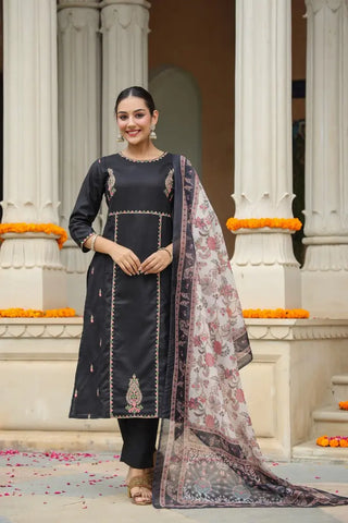 Black Embroidered Kurta Set With Printed Dupatta