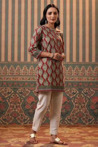 Women Red & Beige Ethnic Printed Pure Cotton Straight Kurti