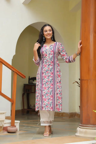 Women Pink Floral Printed A-line Kurta