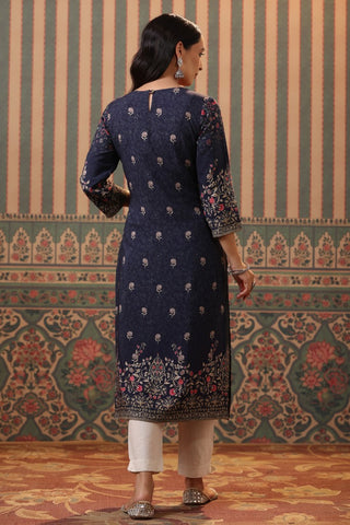 Women Blue Digital Printed Mirror Work Straight Kurta