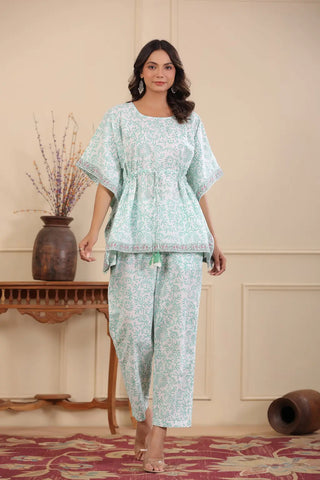 Women Blue and White Pure Cotton Night Suit Set