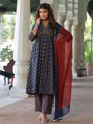 Women Navy Blue Ethnic Motifs Printed Empire Design Anarkali Kurta With Printed Trouser & Dupatta