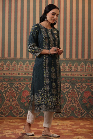 Women Teal Digital Printed Embroidery Straight Kurta