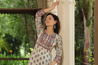 Women Cream Mix & Match Printed Panelled A-line Kurta