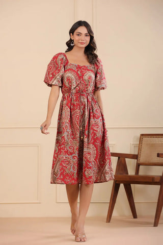 Women Red A-line White-Printed Dress