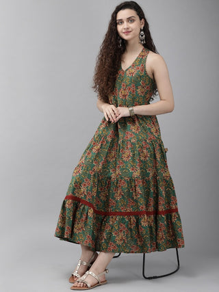 Women Green & Maroon Floral Printed Cotton A Line Ethnic Dresses