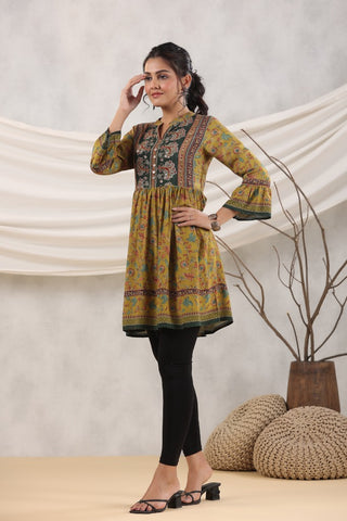 Women Mustard Ethnic Motifs Printed A-Line Kurti