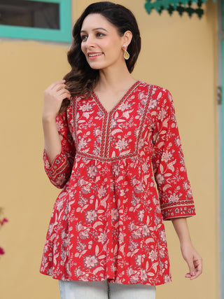 Women Red Floral Printed A-line Top