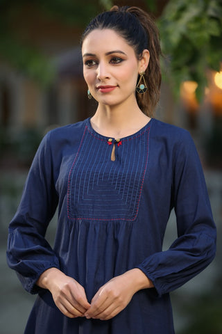 Women Navy Blue Solid Embroidered & Thread Work Cotton A line Kurti