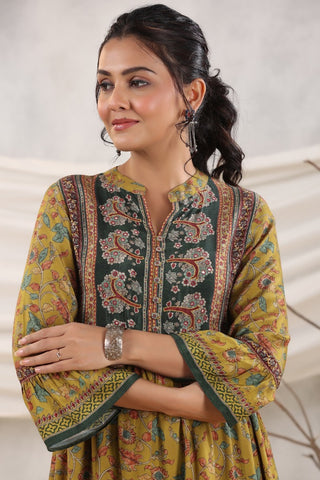 Women Mustard Ethnic Motifs Printed A-Line Kurti