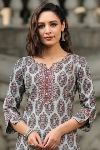 Women Grey Ethnic Motifs Printed Pure Cotton Kurta