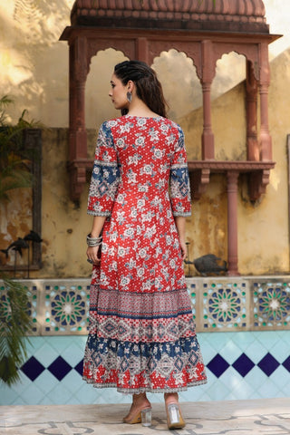 Women Red Floral Printed Pure Cotton Anarkali Kurta