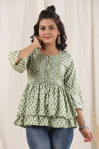 Women Green Ethnic Motifs Printed Tie-Up Neck Peplum Top