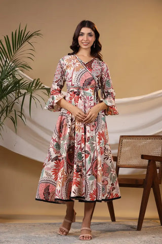 Women Tropical Printed Bell Sleeves Pure Cotton Wrap Midi Ethnic Dress