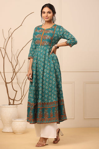 Women Teal Blue Ethnic Motifs Printed Anarkali Kurta