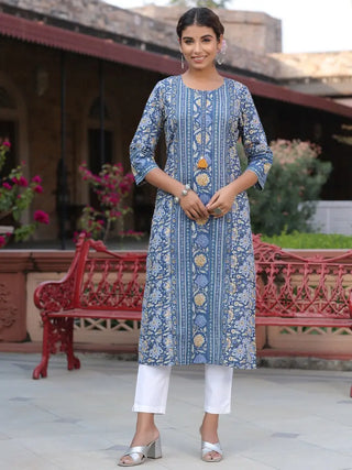 Women Blue Ethnic Motifs Printed Straight Kurta