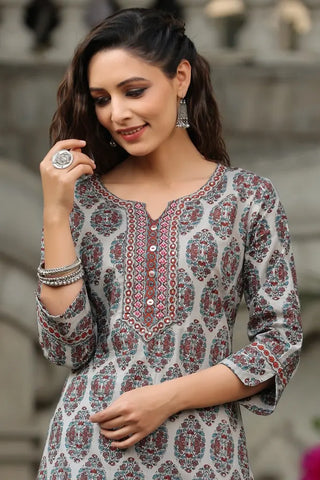 Women Grey Ethnic Motifs Printed Pure Cotton Kurta