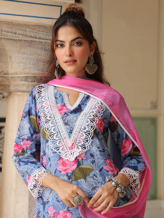 Blue Floral Print Lace 3-Piece Kurta Set