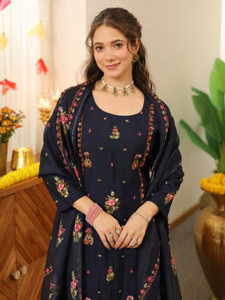 Blue Embroidered Poly Silk Straight Kurta Set