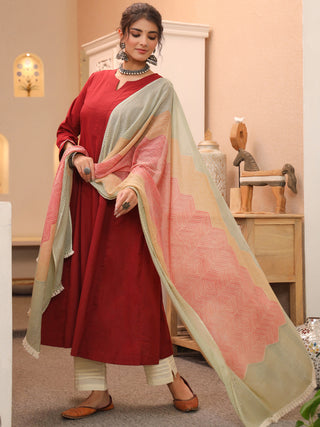 Red Solid Lace 3-Piece Kurta Set