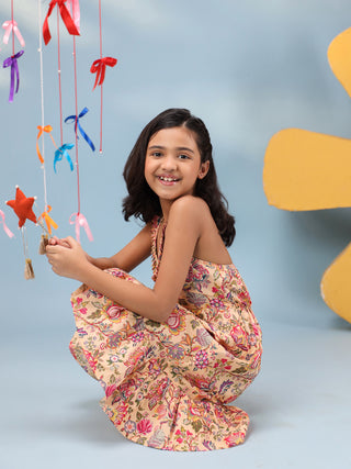 Girls Floral Printed Halter Neck Tiered Fit and Flare Midi Dress