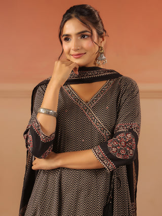Black cotton chevron printed anarkali kurta set with solid trouser and printed cotton dupatta